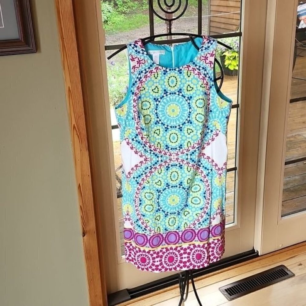 London Times Colorful Geometics Sleeveless Zippered Lined Sz 6 Dress